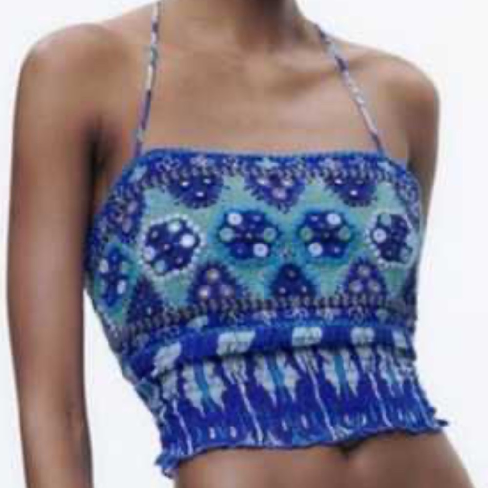 Zara Blue Embroidered Beaded Crop Top – Limited - Size S